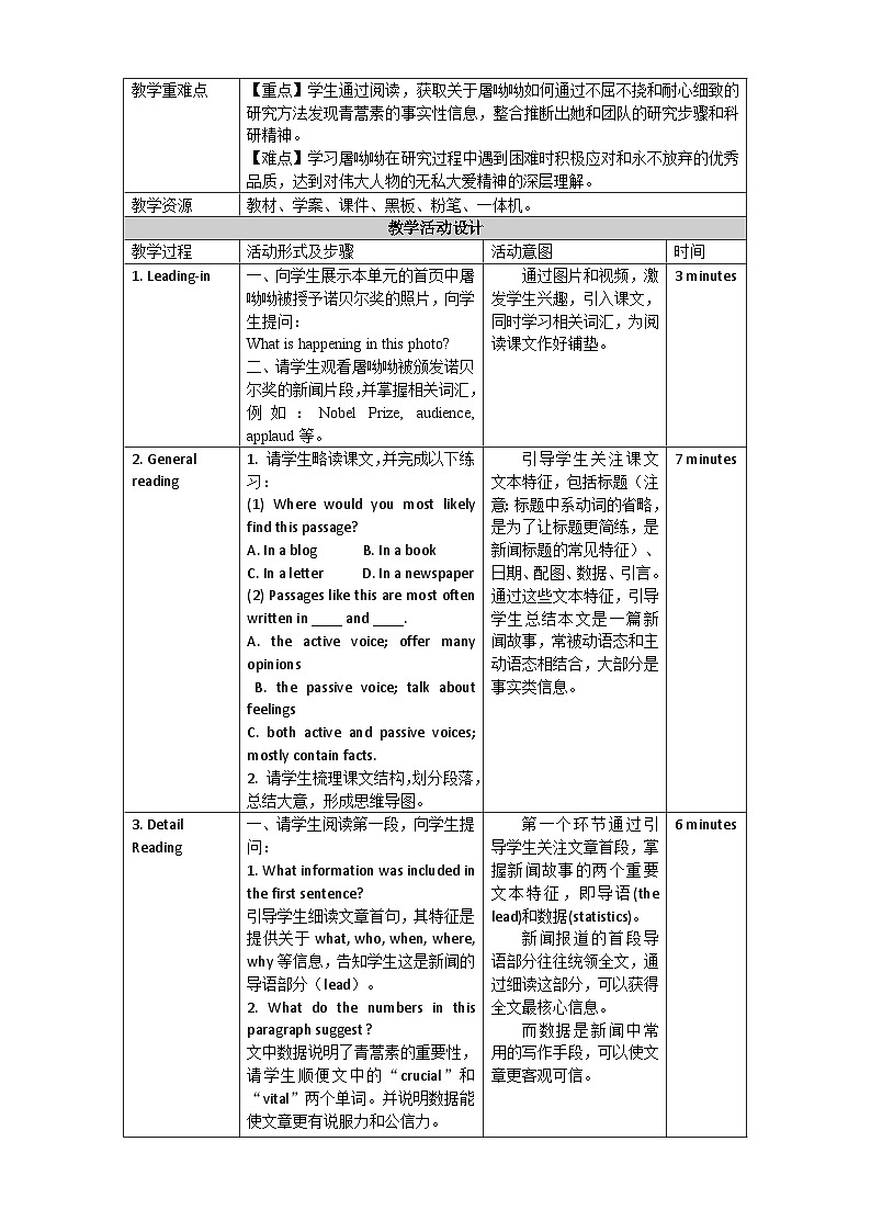 人教版（2019）高中英语选择性必修第一册Unit 1《People of Achievement》Reading and Thinking 教案第2页