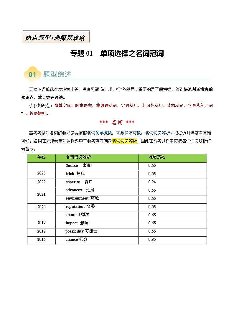 专题01 单项选择之名词冠词（解析版）- 2025年高考英语二轮热点题型归纳与变式演练（天津专用）第1页