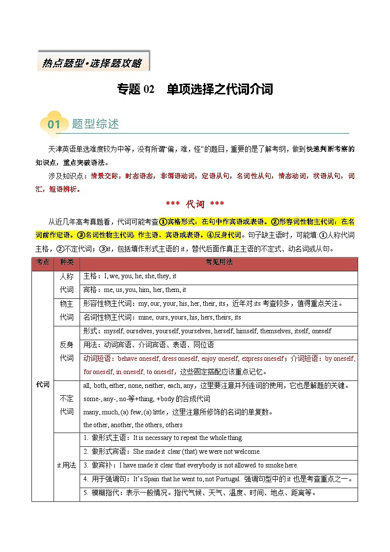 专题02 单项选择之代词介词（解析版）- 2025年高考英语二轮热点题型归纳与变式演练（天津专用）第1页