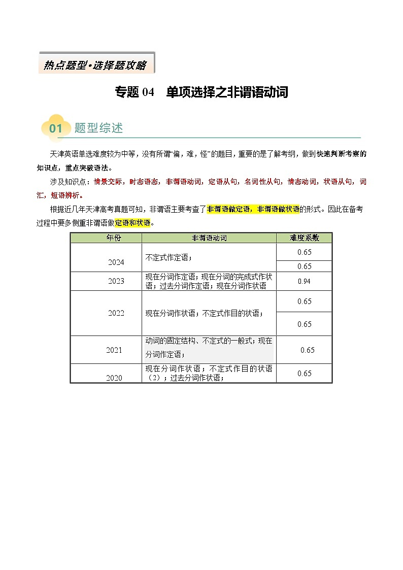 专题04 单项选择之非谓语动词（解析版）- 2025年高考英语二轮热点题型归纳与变式演练（天津专用）第1页