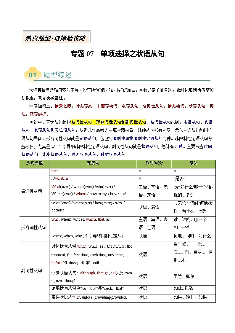 专题07 单项选择之状语从句（原卷版）- 2025年高考英语二轮热点题型归纳与变式演练（天津专用）第1页