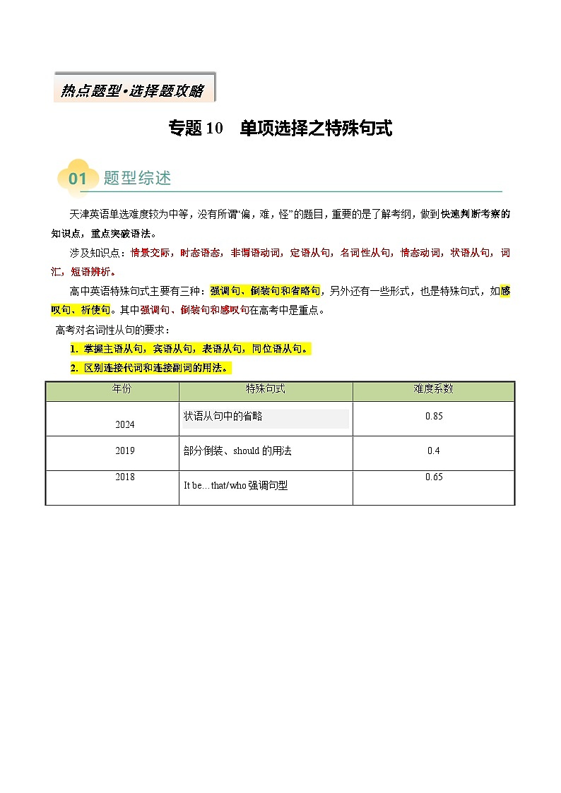 专题10 单项选择之特殊句式（原卷版）- 2025年高考英语二轮热点题型归纳与变式演练（天津专用）第1页