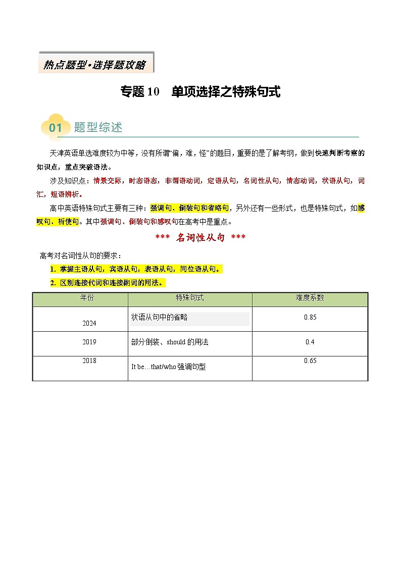 专题10 单项选择之特殊句式（解析版）- 2025年高考英语二轮热点题型归纳与变式演练（天津专用）第1页