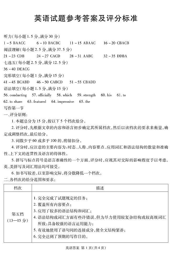 2025届一诊英语答案（简答）第1页