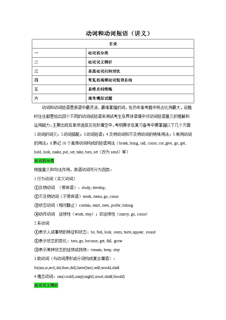 核心语法知识夯基06 动词与动词短语（精讲精练）（原卷版）第1页