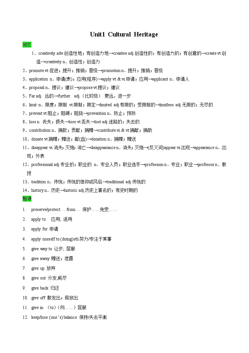 教材知识全梳理23人教版2019必修二Unit1Cultural Heriage（词汇短语句式）（解析版）第1页