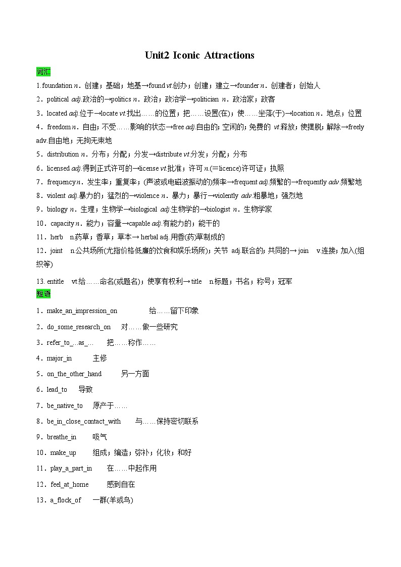 教材知识全梳理49人教版2019选择性必修第四册Unit2Iconic Attractions（词汇短语句式）（原卷版）第1页