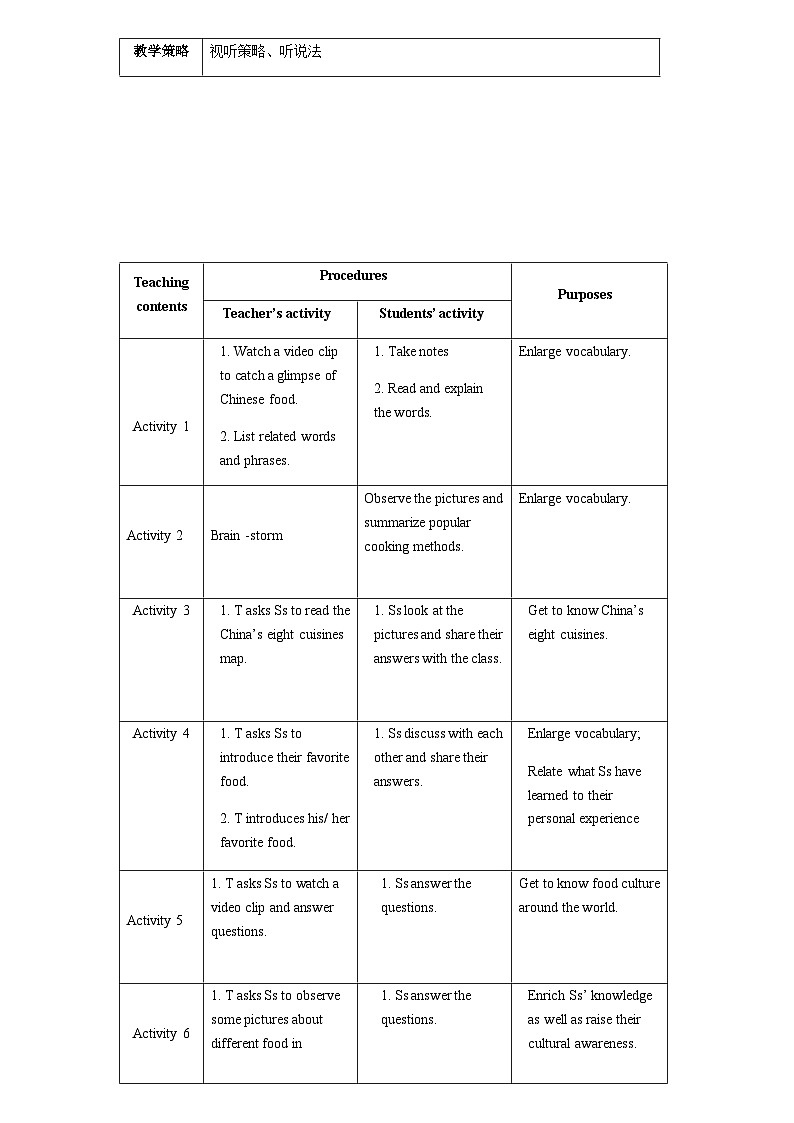 Unit 1 Food for thought 教学设计（表格式,，6课时）第2页