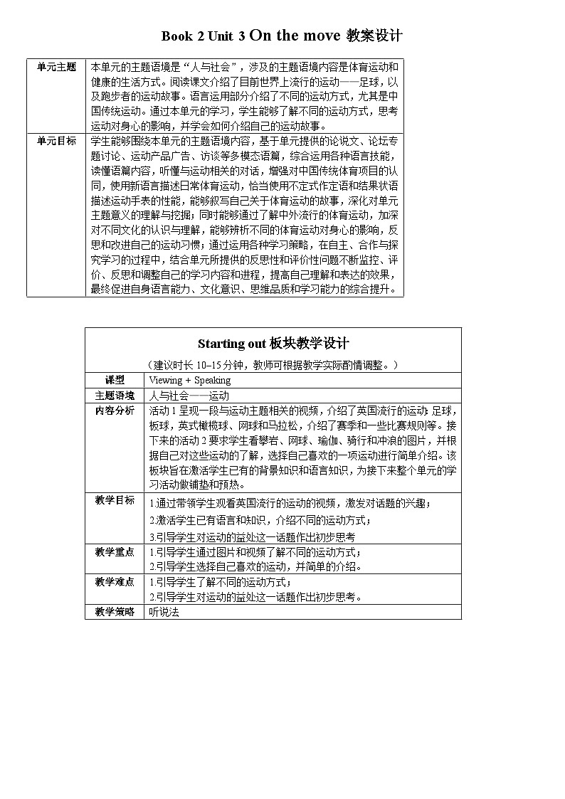 Unit 3 On the Move 教学设计（表格式,，6课时）第1页