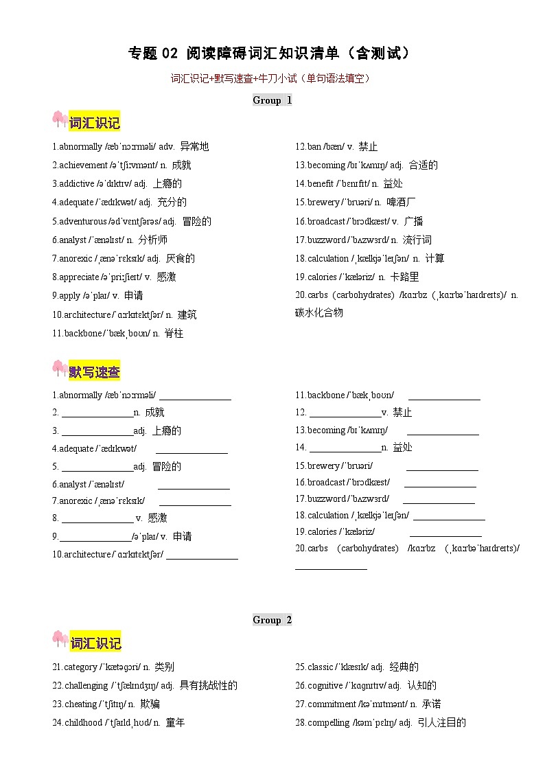 专题02 阅读障碍词汇知识清单（含测试）（原卷版）- 2025年高考英语热点话题阅读&时文阅读-A4第1页