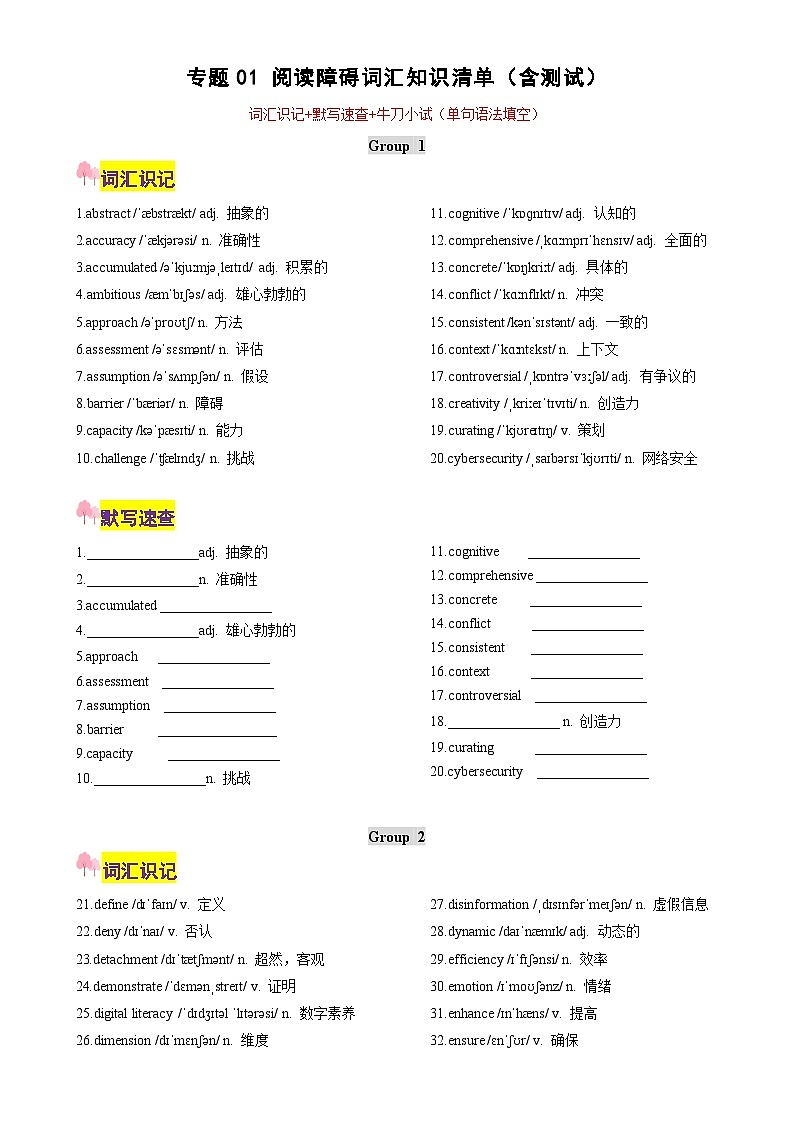 专题01 阅读障碍词汇知识清单（含测试）（原卷版）- 2025年高考英语热点话题阅读&时文阅读-A4第1页