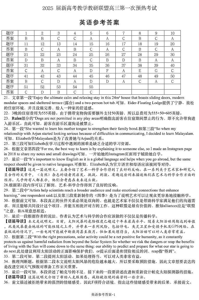 湖南省新高考教学教研联盟（长郡二十校联盟）2024-2025学年高三上学期第一次预热演练英语答案第1页