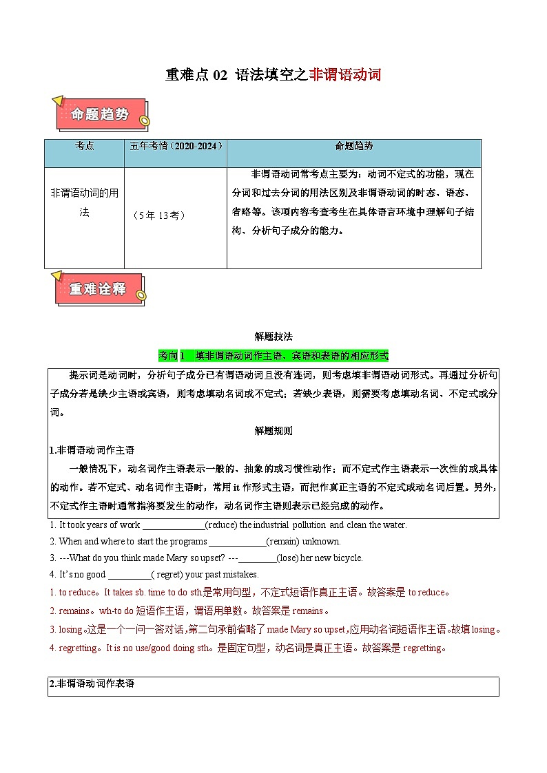 重难点02 语法填空之非谓语动词-2025年高考英语 热点 重点 难点 专练（北京专用）（解析版）第1页