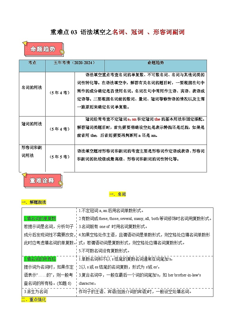 重难点03 语法填空之名词、冠词、形容词副词-2025年高考英语 热点 重点 难点 专练（北京专用）（原卷版）第1页