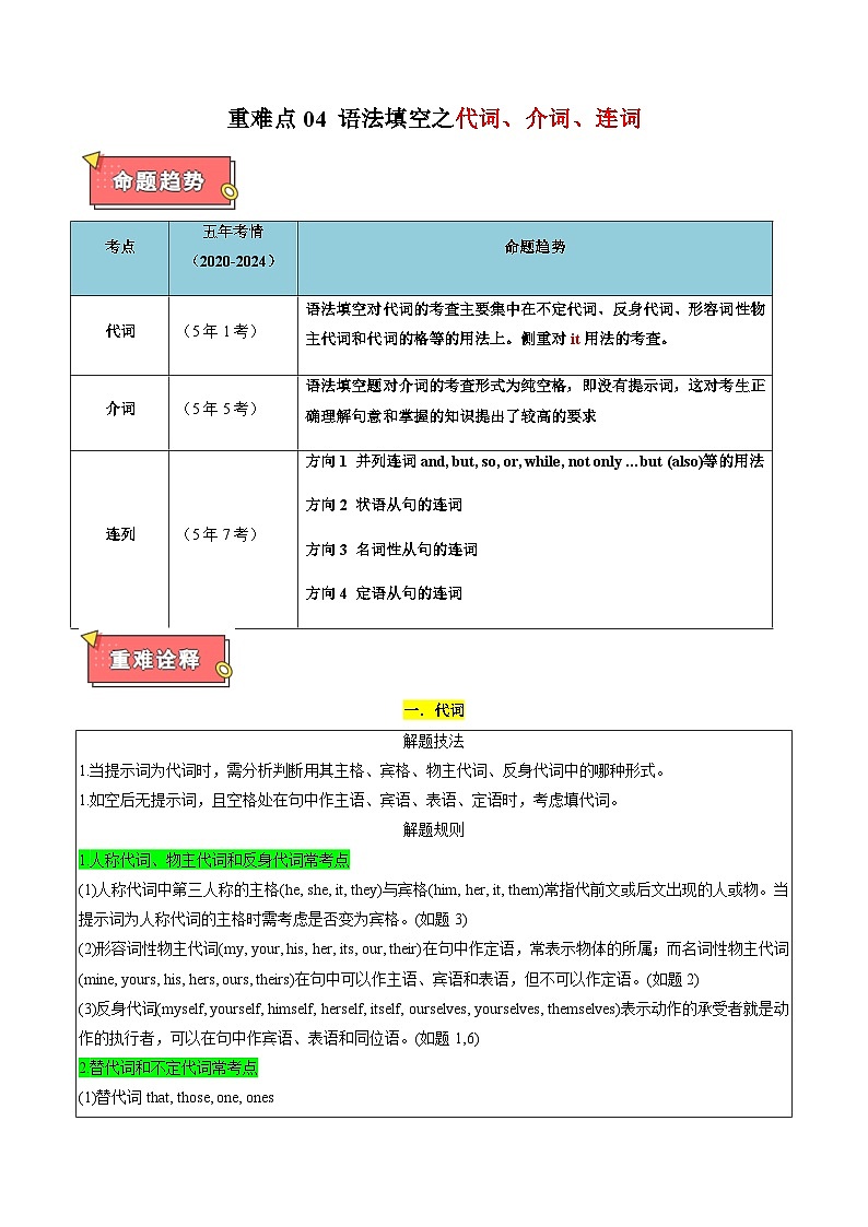 重难点04 语法填空之代词、介词、连词-2025年高考英语 热点 重点 难点 专练（北京专用）（原卷版）第1页