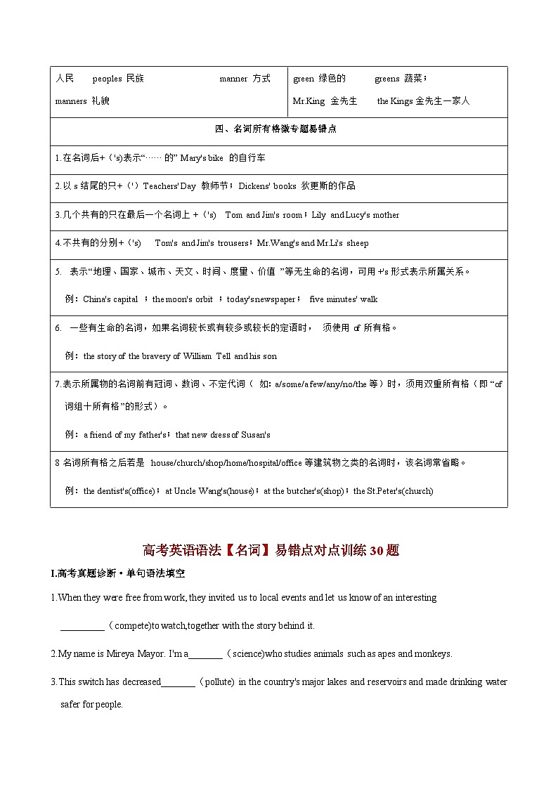 【高考英语】语法易错点30题精讲练：专题01 名词（解析版）第3页
