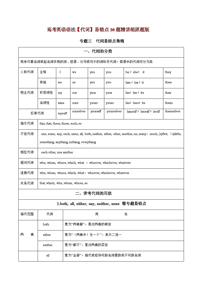 【高考英语】语法易错点30题精讲练：专题03 代词（原题版）第1页