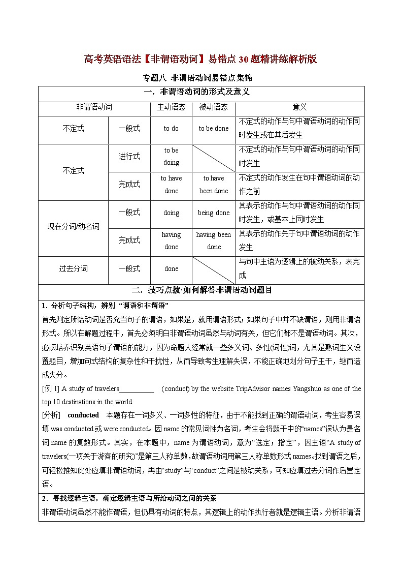 【高考英语】语法易错点30题精讲练：专题08 非谓语动词（解析版）第1页
