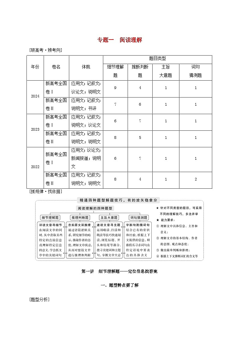 2025届高考英语二轮专题复习与测试专题一阅读理解第一讲细节理解题__定位信息找答案练习第1页