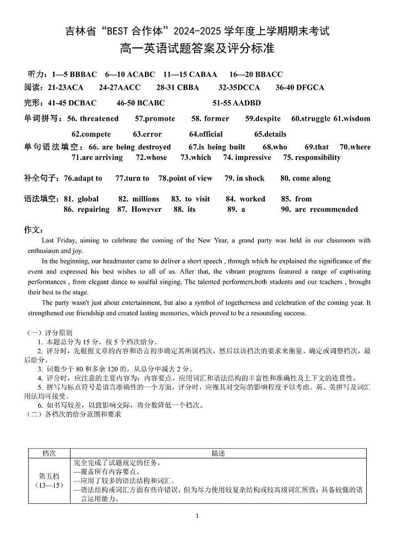 吉林省“BEST合作体”2024-2025学年高一上学期期末考试英语答案第1页