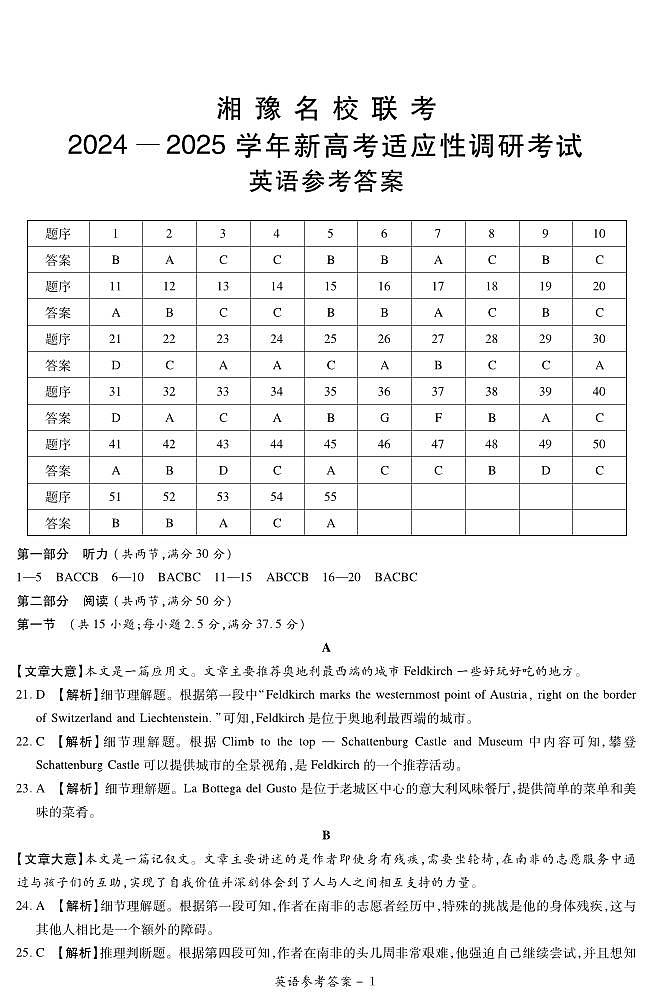 河南湘豫名校2024-2025学年高三上学期9月新高考适应性调研考试英语试题答案第1页