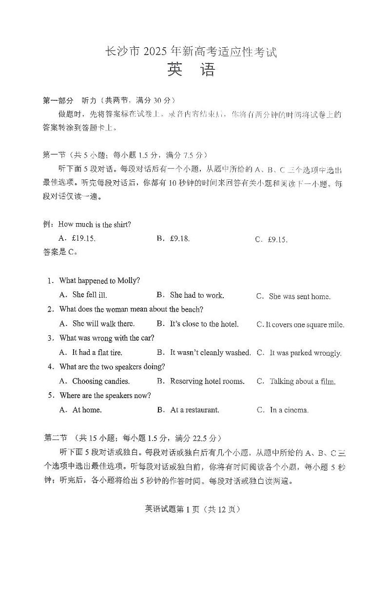 2025届湖南省长沙市高三上学期新高考适应性考试 英语试题（原卷）第2页