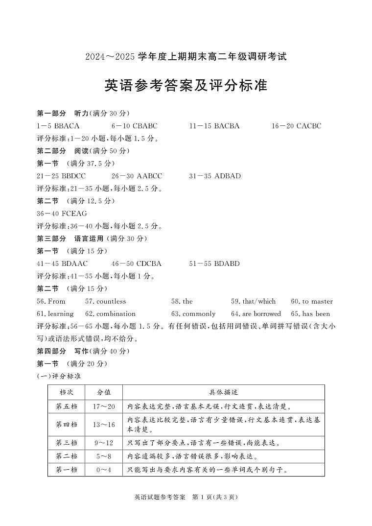 四川省成都市2023-2024学年高二上期期末考试 英语试题（参考答案）第1页
