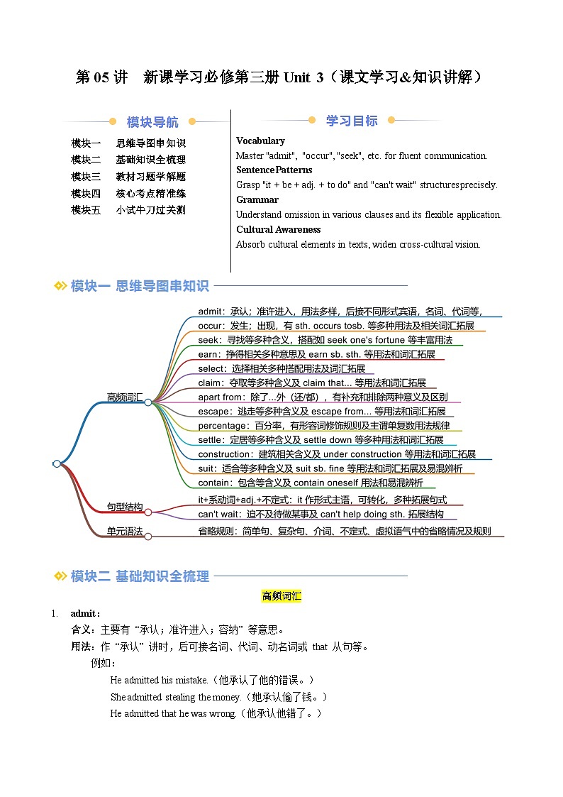 寒假预习-第05讲 必修三 Unit3 课文学习&知识点讲练（教师版）2025年高一英语寒假衔接讲练 (人教版)第1页