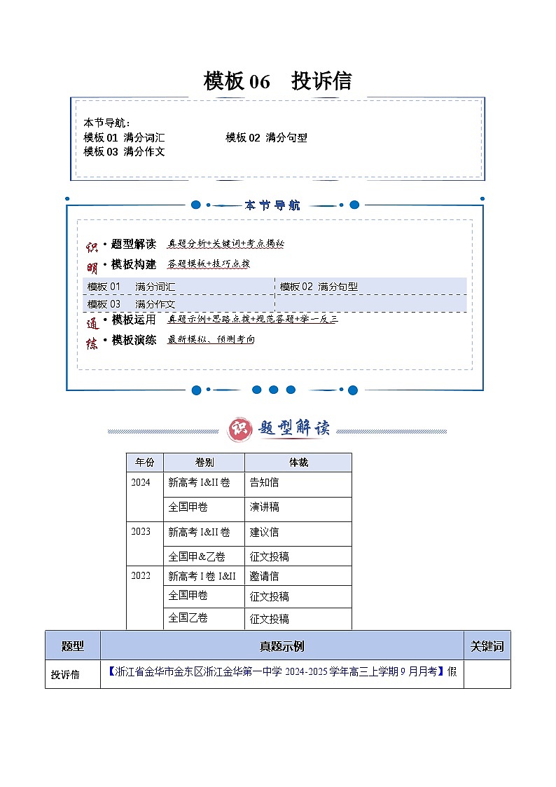 模板06 投诉信 -原卷版（答题模板）-2025年高考英语答题技巧与模板构建第1页