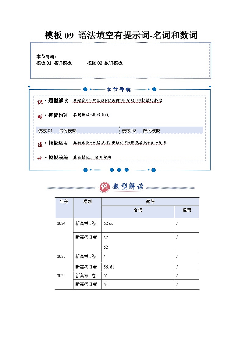模板09 语法填空有提示词-名词&数词-原卷版（答题模板）-2025年高考英语答题技巧与模板构建第1页