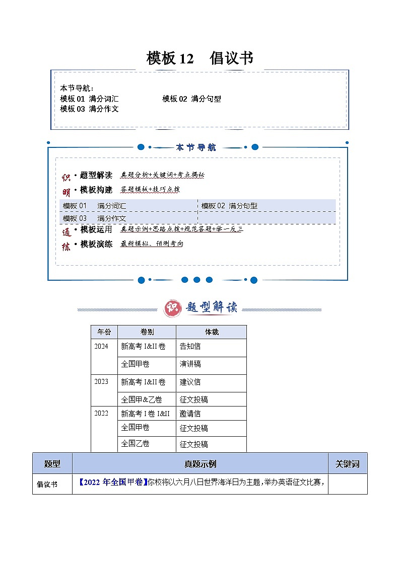 模板12 倡议书 -原卷版（答题模板）-2025年高考英语答题技巧与模板构建第1页