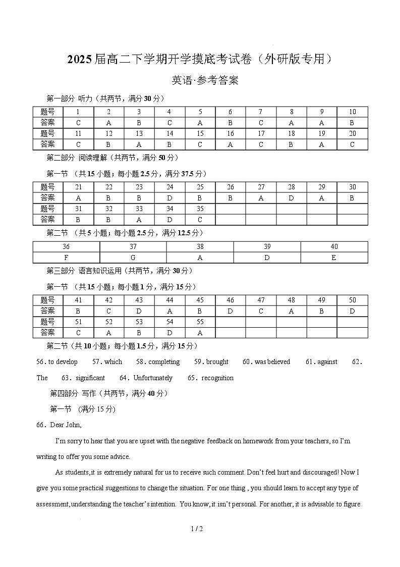 【开学摸底考】2024-2025学年春季期高二英语开学摸底考（外研版专用）（参考答案）第1页