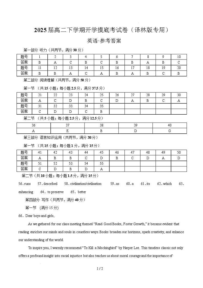 【开学摸底考】2024-2025学年春季期高二英语开学摸底考（译林版专用）（参考答案）第1页