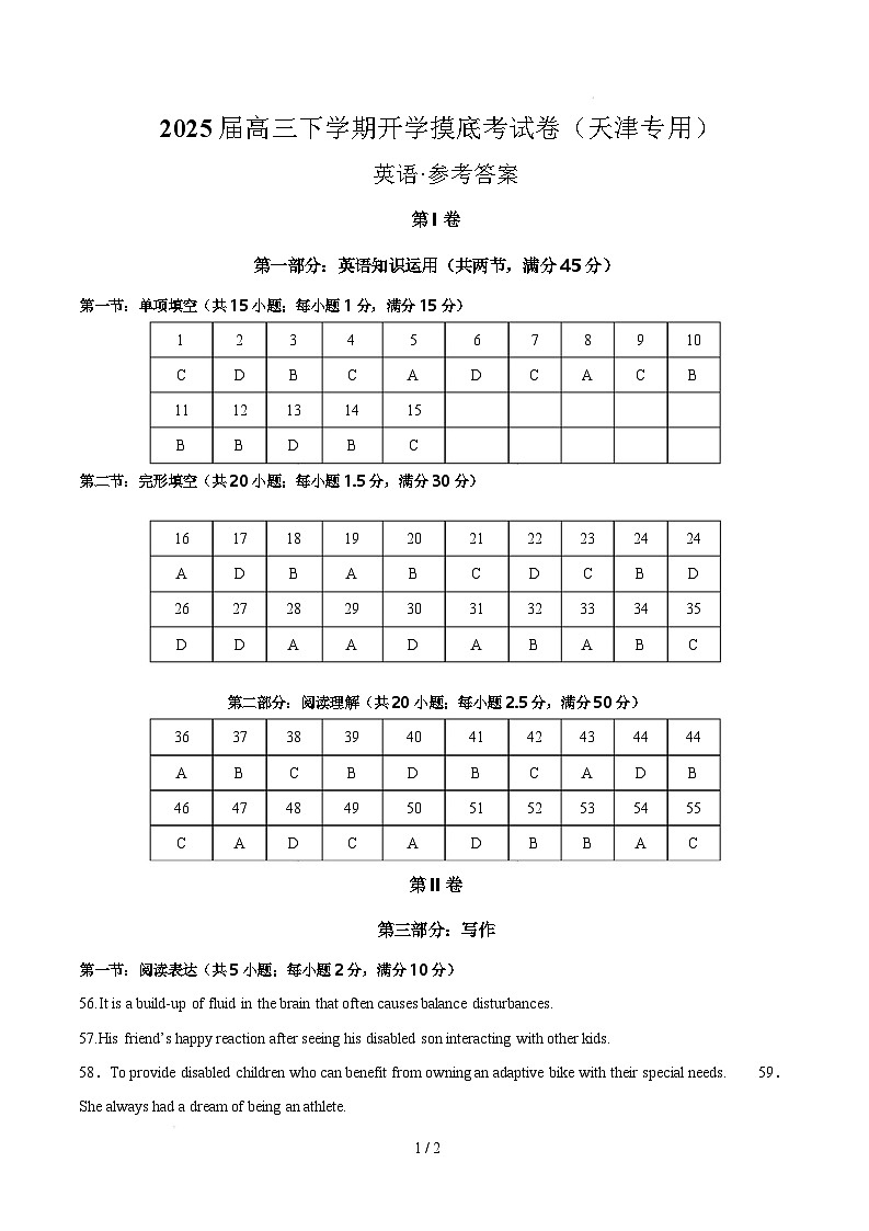 【开学摸底考】2024-2025学年春季期高三英语开学摸底考（天津专用）（参考答案）第1页