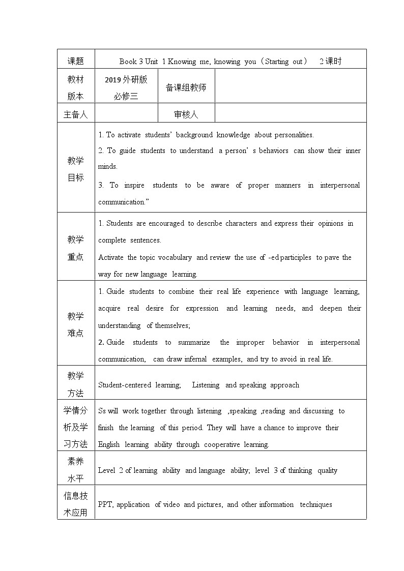 外研社 2024-2025 高中英语 必修三 unit 1 starting out 教学设计第1页