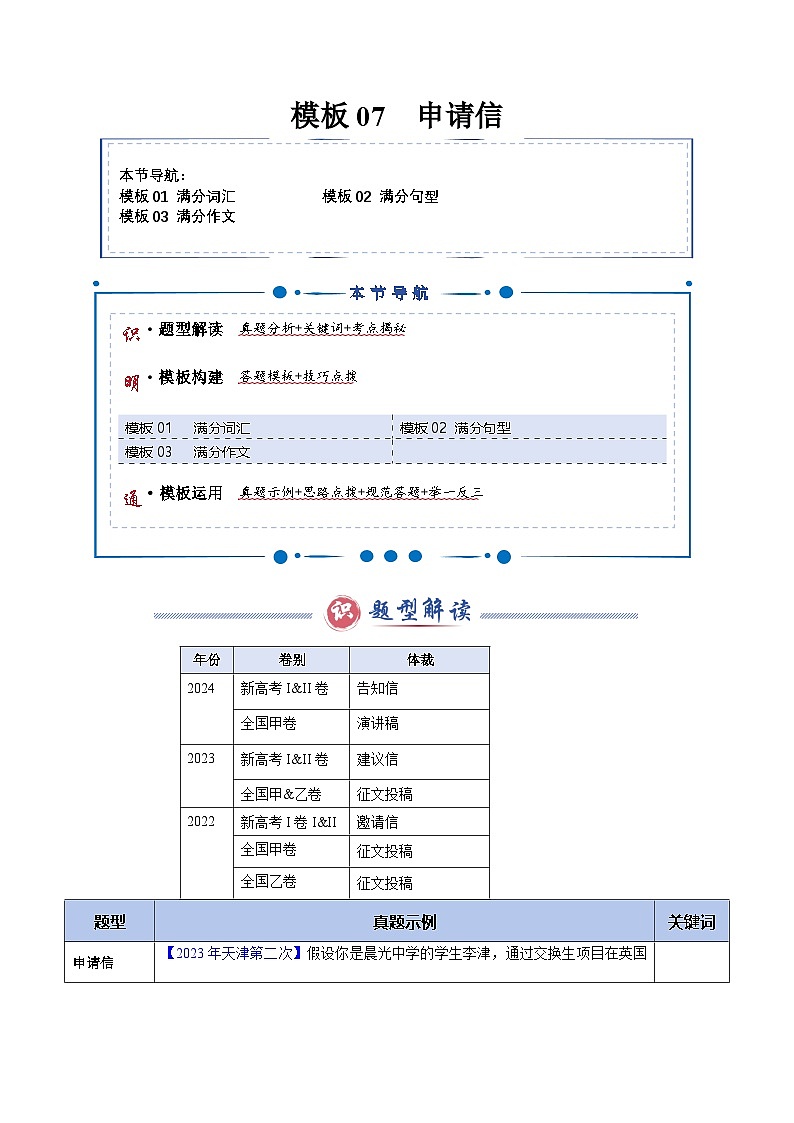 模板07 申请信 -原卷版（答题模板）-2025年高考英语答题技巧与模板构建第1页