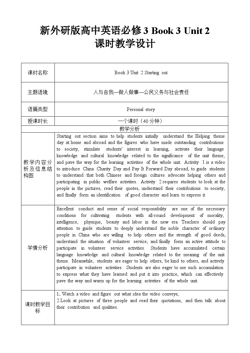 外研社 2024-2025 高中英语 必修三 unit 2 starting out 教学设计第1页