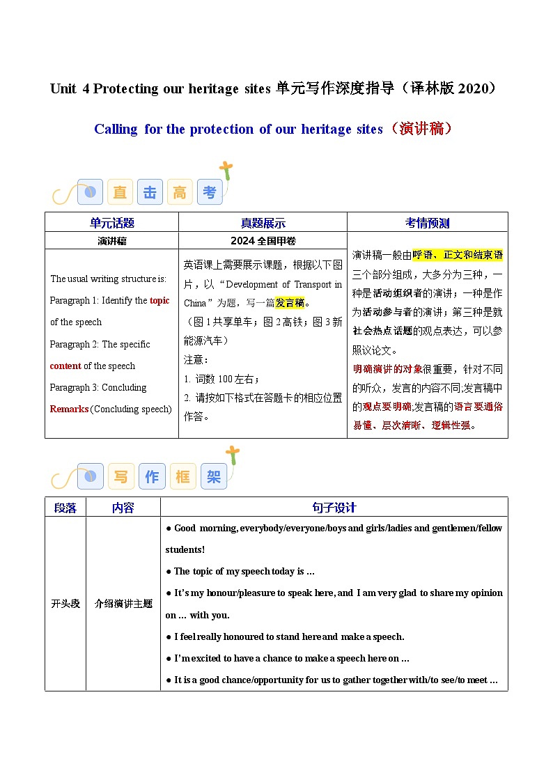 Unit 4 Protecting our heritage sites（演讲稿）（原卷版）-【同步写作课】2024-2025学年高二英语单元写作深度指导（译林版2020选择性必修第三册）第1页