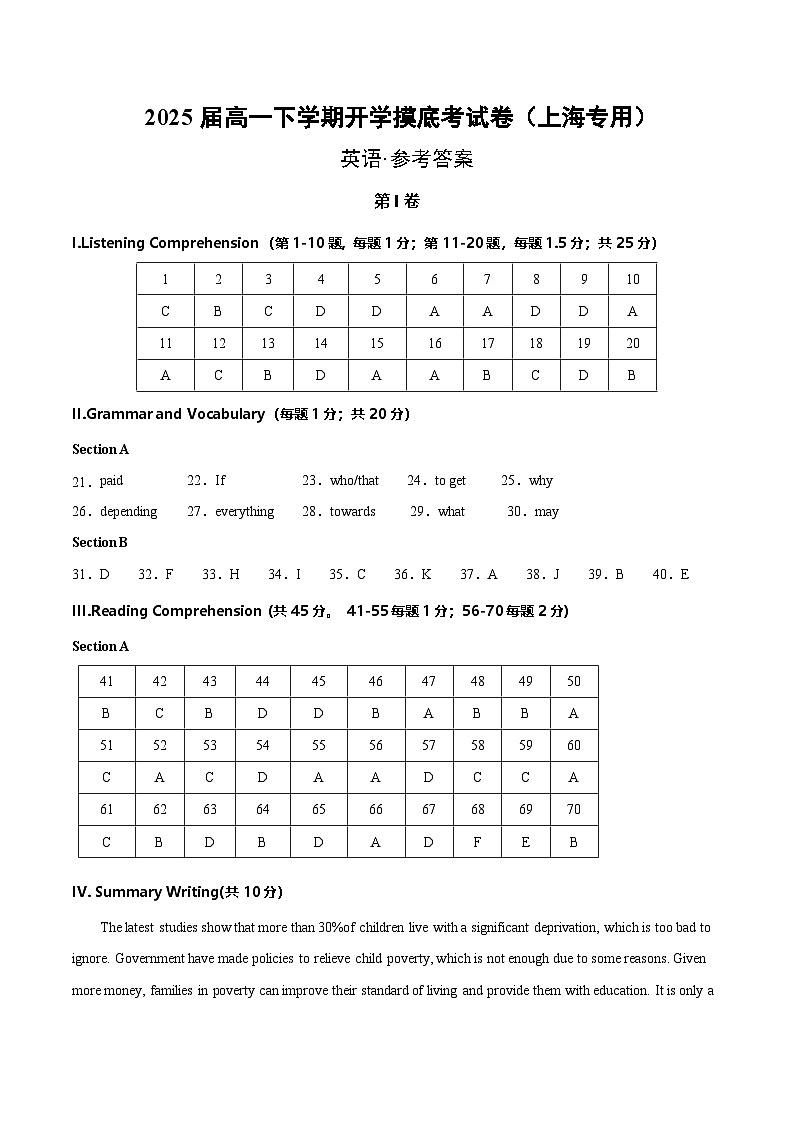 高一英语开学摸底考（上海专用）（参考答案）第1页