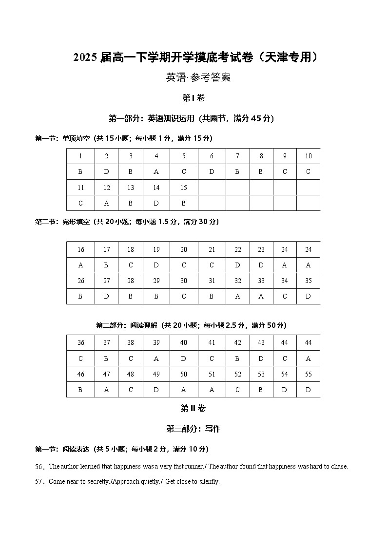 高一英语开学摸底考（天津专用）（参考答案）第1页