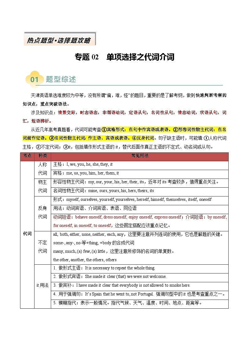 专题02 单项选择之代词介词（原卷版）- 高考英语二轮热点题型归纳与变式演练（天津专用）第1页