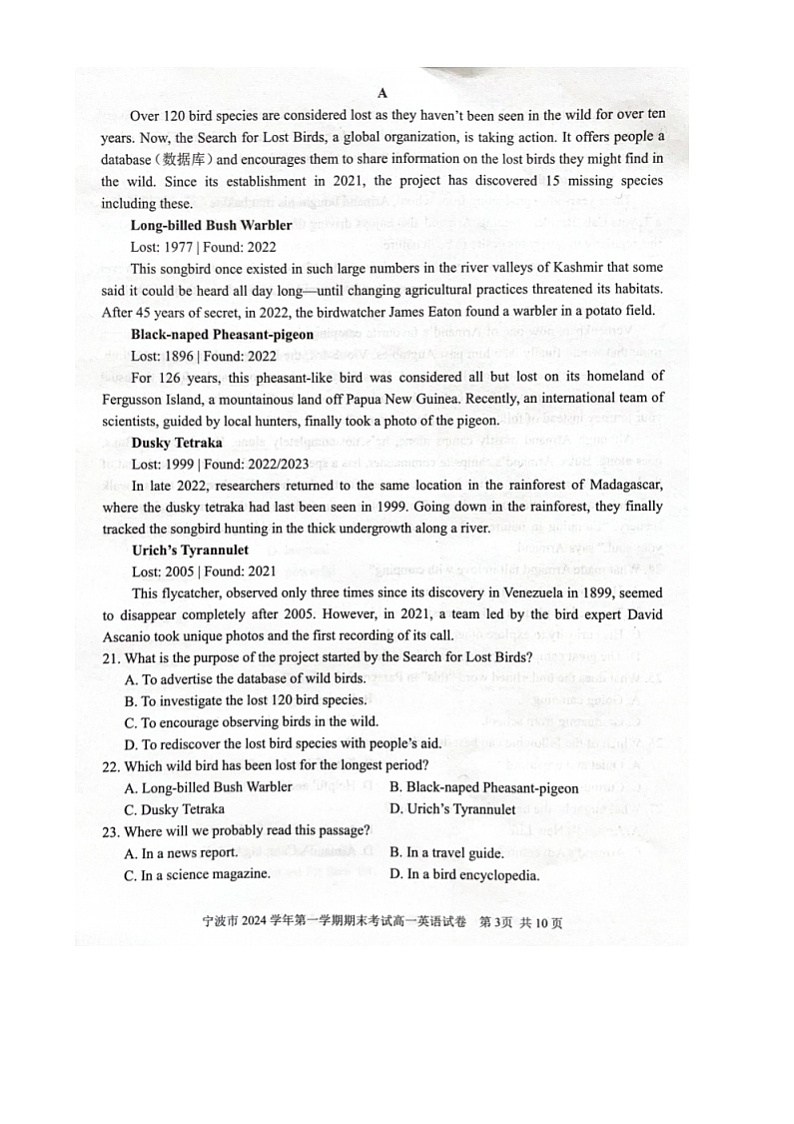 2025宁波高一上学期1月期末考试英语图片版无答案第3页