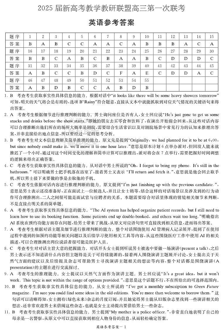 湖南省2025届新高考教学教研联盟高三第一次联考 英语答案.pdf第1页