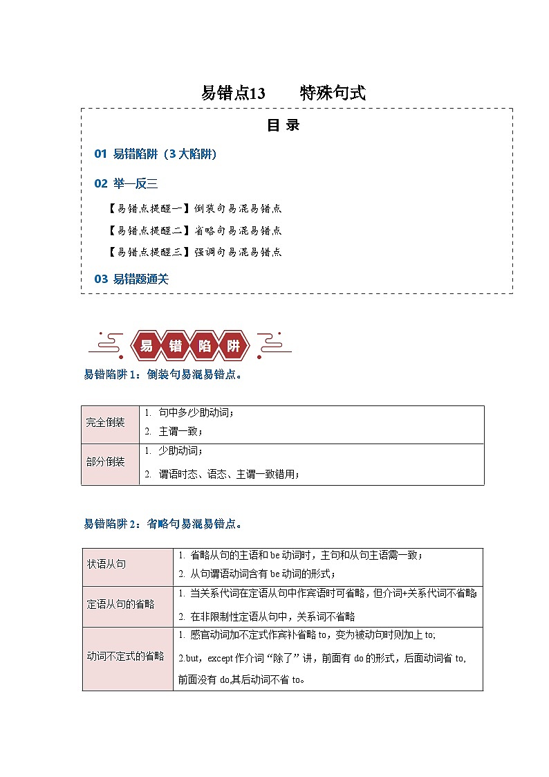 新高考英语二轮复习易错题训练易错点13  特殊句式（3大陷阱）（原卷版）第1页