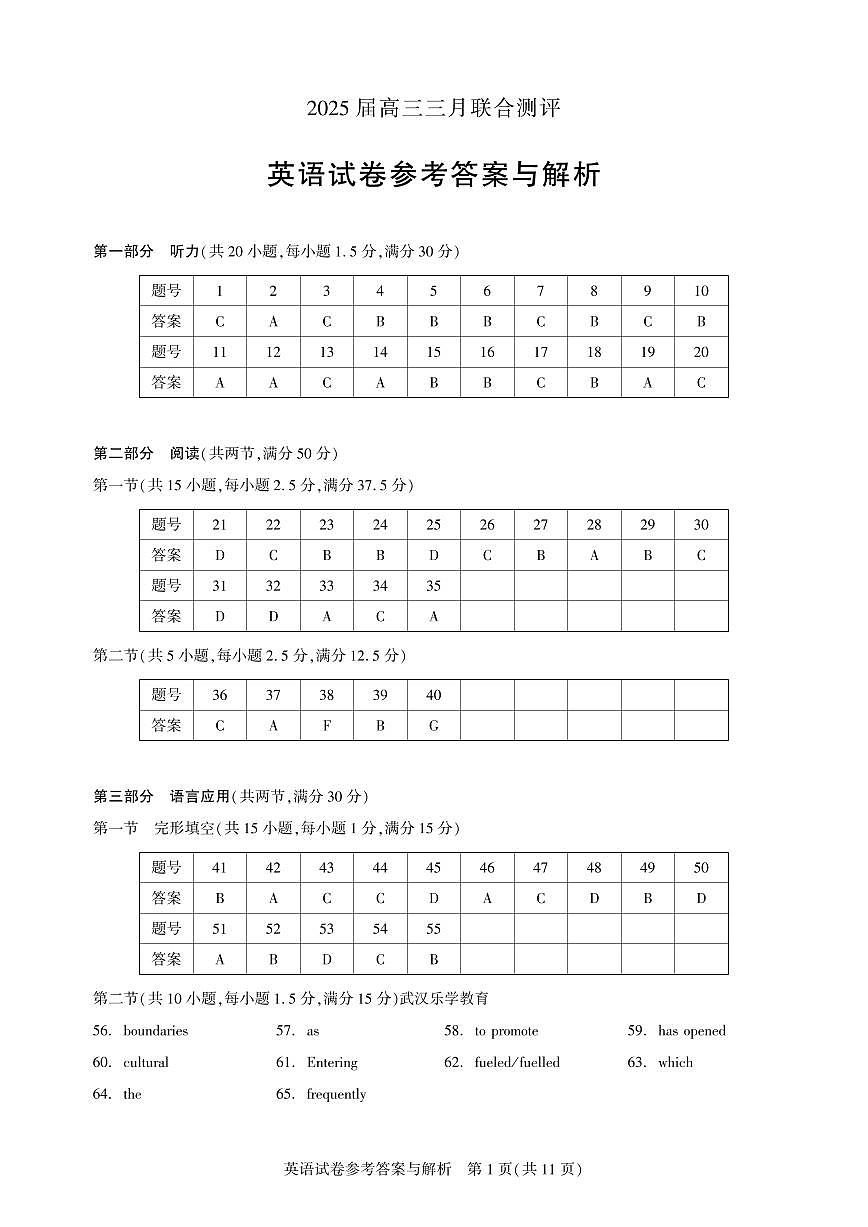 25届圆创联盟3月联考英语答案第1页