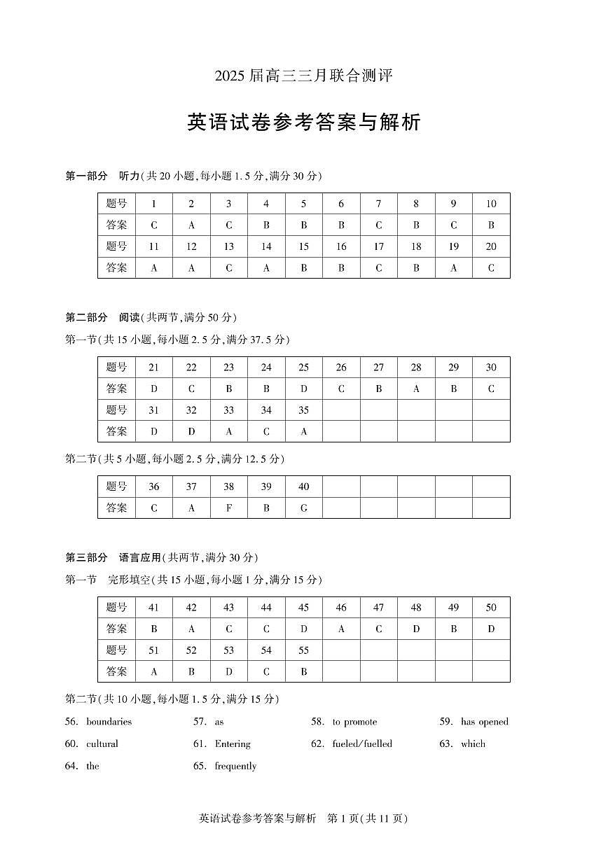 湖北省2025 届高三三月名校联合测评英语试题（圆创）答案与解析第1页