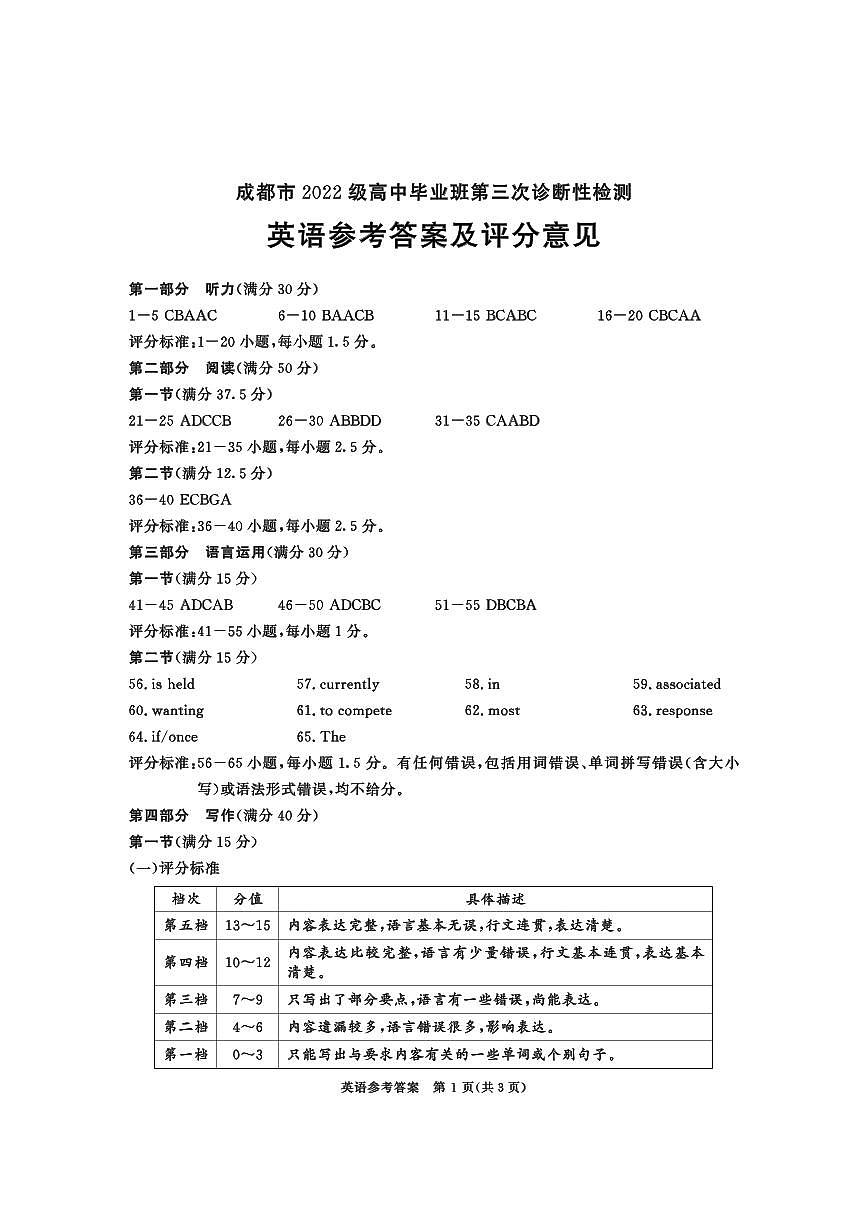 四川省成都市2022级高中毕业班第三次诊断性检测英语答案第1页