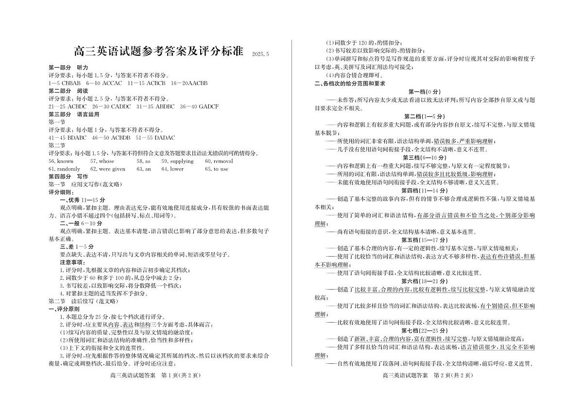 山东省滨州市2025届高三下学期第二次模拟考试英语答案第1页