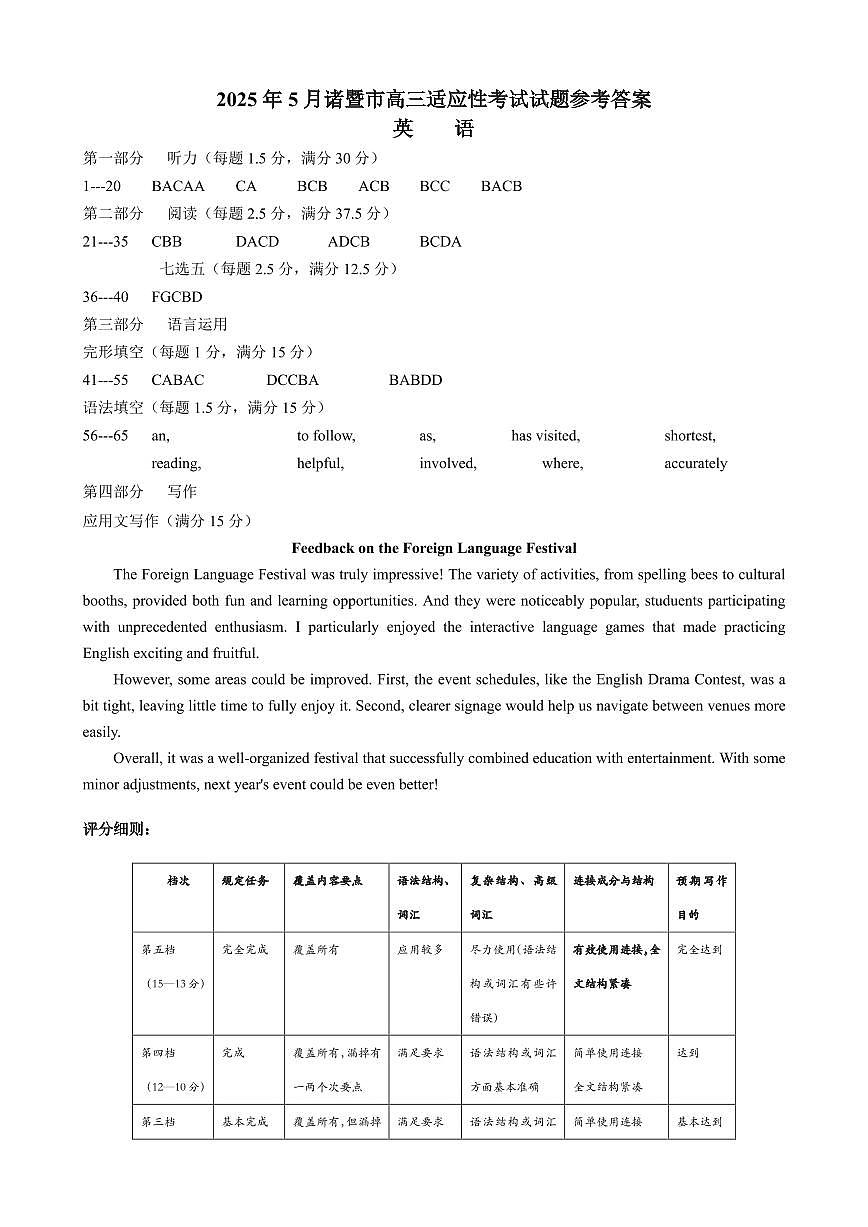 浙江省诸暨市2025年5月高三适应性考试-英语答案第1页