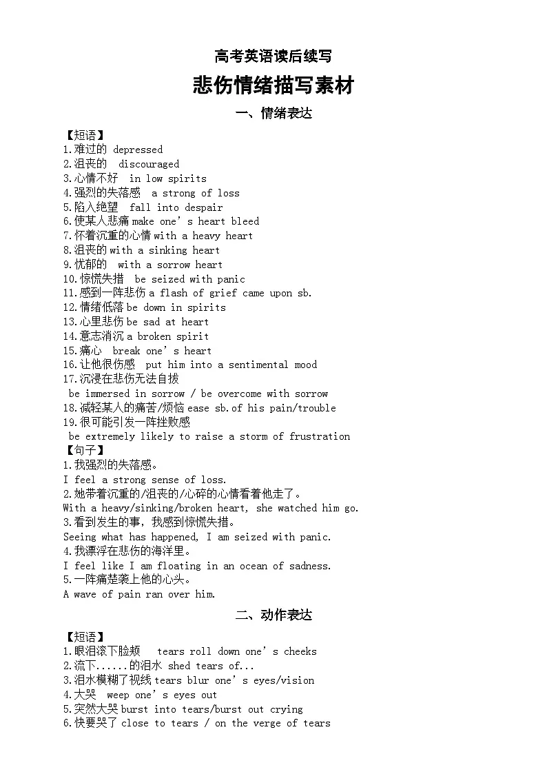 高中英语2025届高考读后续写悲伤情绪描写素材（短语+句子+练习）第1页